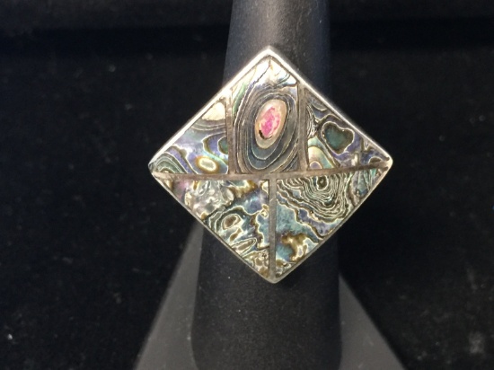 Large Sterling Silver & Abalone Inlaid Statement Ring - Size 7