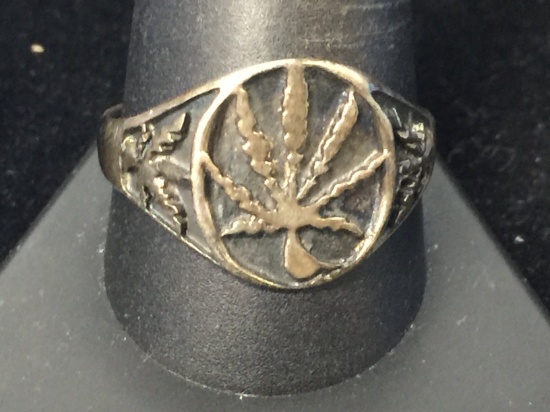 Carved Sterling Silver Marijuana Leaf Ring - Size 11.75