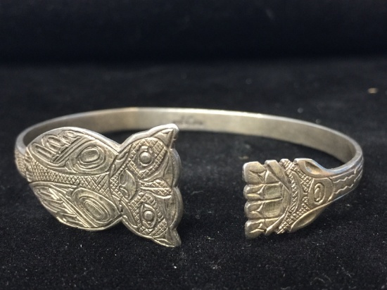 RARE Northwest Tribal EJT Carved Sterling Silver Owl Cuff Bracelet