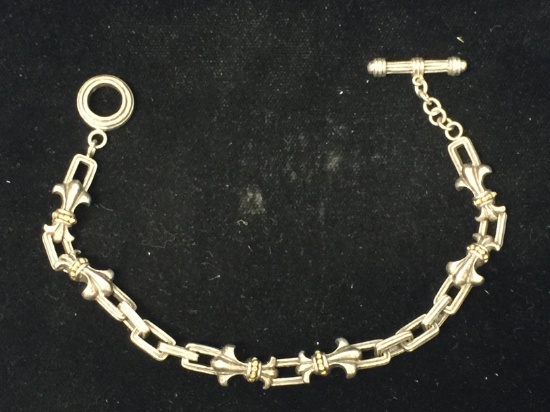 BJC Sterling Silver & 18K Gold Fluer De Lis Chain Link 7.75" Toggle Bracelet