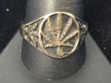 Carved Sterling Silver Marijuana Leaf Ring - Size 11.75