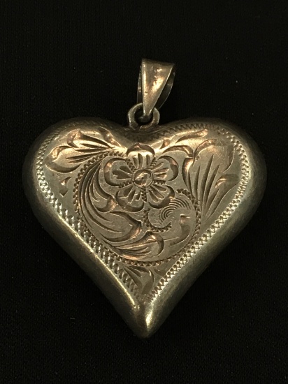 Heavy Etched Sterling Silver Heart Pendant