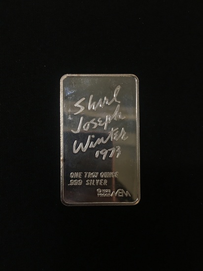 1 Troy Ounce .999 Fine Silver Shirl Joseph Winter 1973 Silver Bullion Bar