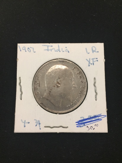 1907 India Rupee Silver Foreign Coin - 91.7% Silver Coin - .3438 ASW