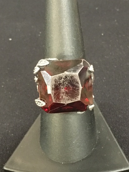 Large Red Radiant Cut Gemstone & Organic Design Sterling Silver Cocktail Ring - Size 7.75
