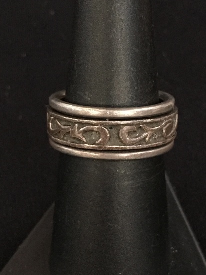 Moving Double Band Carved Sterling Silver Ring Band - Size 7.5