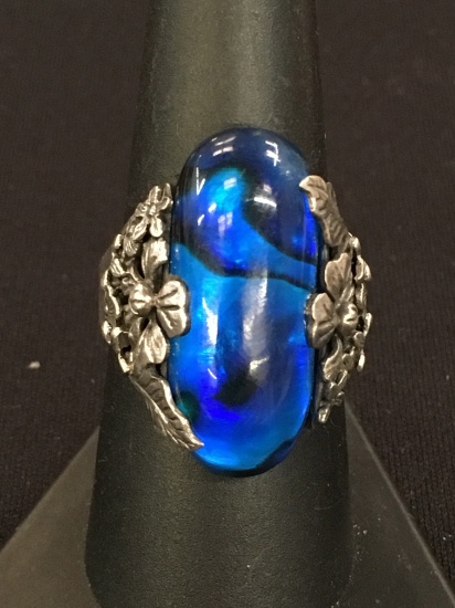 Large Blue Oval Cabachon & Organic Style Sterling Silver Ring - Size 8.5