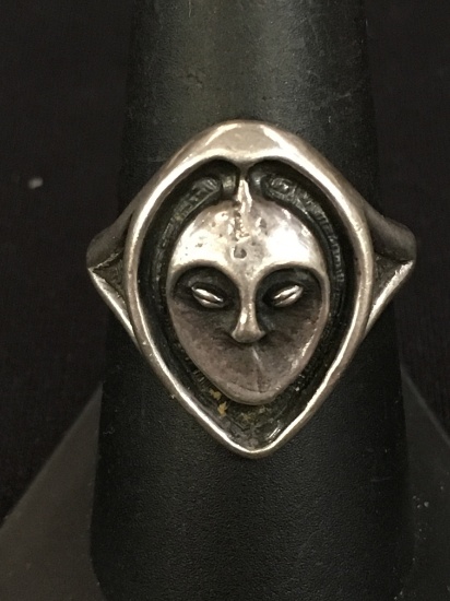 Old Pawn Artisan Carved Sterling Silver Alien Ring Band - Size 8.75