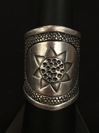 Thai Sterling Silver Carved Sunflower Design Wide Style Ring Band - Size 7.75