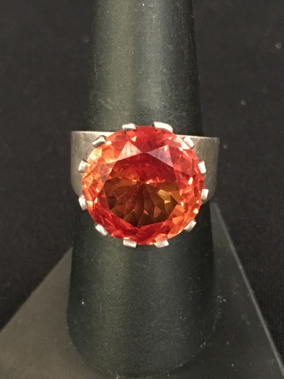 Large Round Orange Gemstone & Sterling Silver Ring - Size 8.25