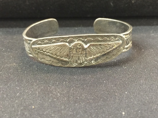 Native American Hand Carved Sterling Silver Cuff Bracelet - 31 Grams