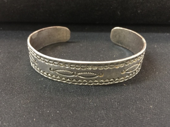 Wide Hand Carved Sterling Silver Cuff Bracelet - 25 Grams
