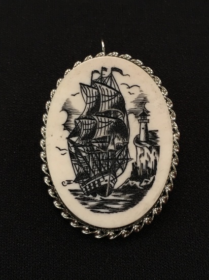 Sterling Silver & Carved Bone Sailship Brooch Pendant