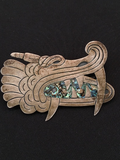 Amazing 3" Carved Sterling Silver & Abalone Brooch - 20 Grams
