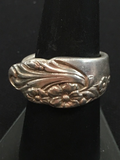 Vintage Hand Carved Sterling Silver Ring Band  - Size 8