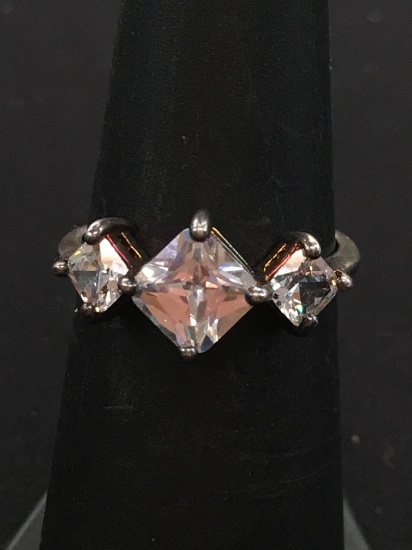 Antique Three-Stone Sterling Silver Ring w/ Three White Princess Cut Gemstones - Size 5.75