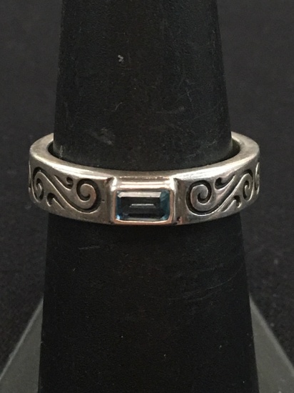 Vintage Sterling Silver Ring w/ Blue Emerald Cut Gemstone - Size 7