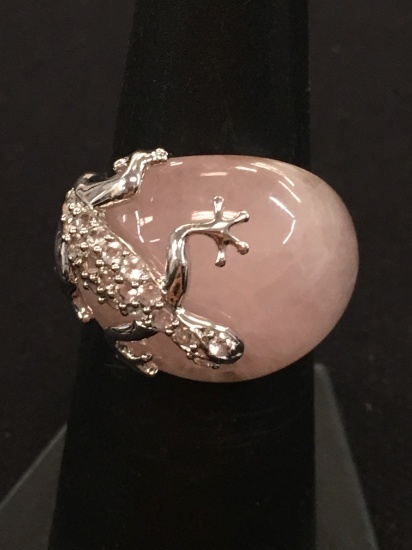 Large Modern Sterling Silver Gecko Ring Band w/ Rose Quartz Cabachon - Size 6