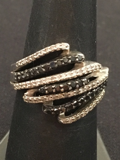 Modern Black & White Diamon Ribbon Wave Sterling Silver Cocktail Ring - Size 6.75