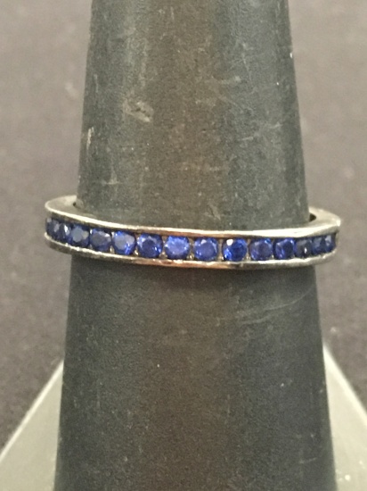 Vintage Straight Sterling Silver Ring Band w/ Blue Gemstones - Size 7.75