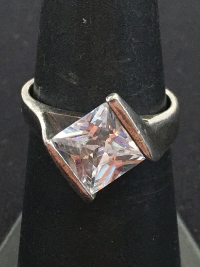 Modern Bypass Sterling Silver Ring w/ Large White Princess Cut Gemstone - Size 6.75