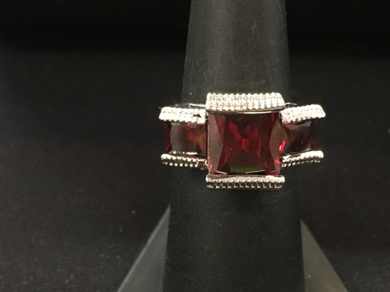 Sterling Silver Three-Stone Ring w/ Deep Red Princess Cut Centers - Size 6.75