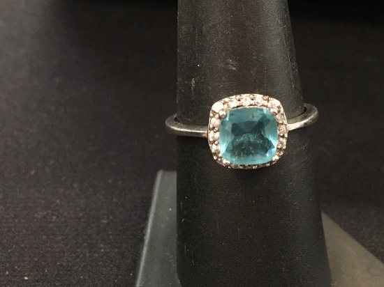 Petite Vintage Sterling Silver Ring w/ Blue Cushion Gemstone & White Gemstone Halo - Size 7.75