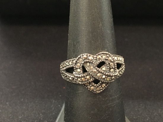 Hand Made Thai Heart Knot Sterling Silver Ring w/ Marchasite Accents - Size 6.75