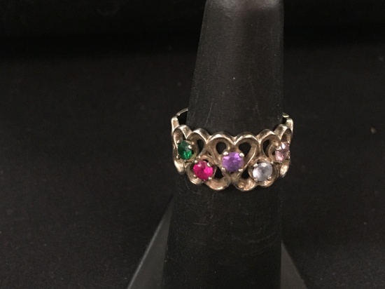 Vintage Heart Scroll Mother's Sterling Silver Ring Band w/ Multi-Gemstone accents - Size 5.25