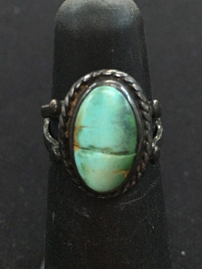 Antique Old Pawn Native American Oval Turquoise Sterling Silver Ring - Size 3