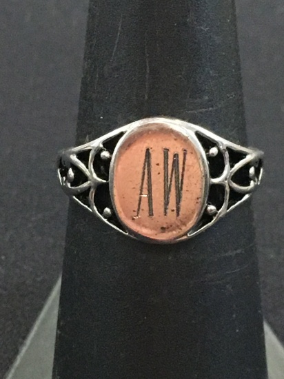 Antique "AW" Sterling Silver Signet Ring Band - Size 6.75