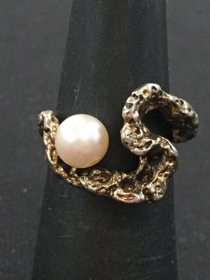 Free Form Cast Organic Sterling Silver Ring with White Pearl Center - Size 4.75