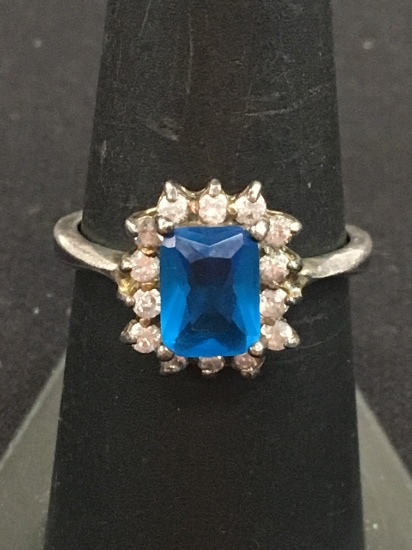 Rectagular Brilliant Blue Gemstone w/ Rhinestone Halo Sterling Silver Ring - Size 7.75