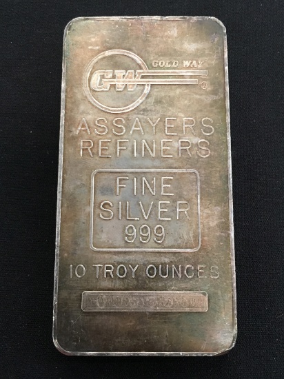 10 Troy Ounce .999 Fine Silver Gold Way Assayers Refiners Silver Bullion Bar