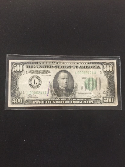 1934-A United States McKinley $500 Currency Bill Note - Extremely Rare