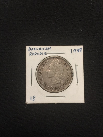1944 Dominican Republic 25 Centavos Silver Foreign Coin - 90% Silver Coin - .1808 ASW