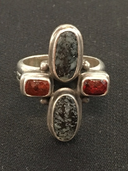 Avavt Garde Sterling Silver Cross Style Ring w/ Brilliant Orange Gemstones & Snowflake Obsidian Caba