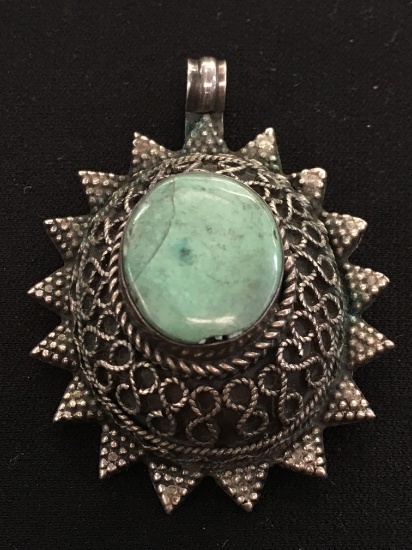 Large  Old Pawn Native American Pendant w/ Scroll Motif & Turquoise Center - 30 Grams