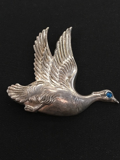 Sterling Silver "Bird" Morif Broach w/ Blue Gemstone set into the eye.