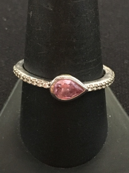 Pink Gemstone Pear Set East to West in Sterling Silver Fashion Ring w/ White Gemstone Accents - Size