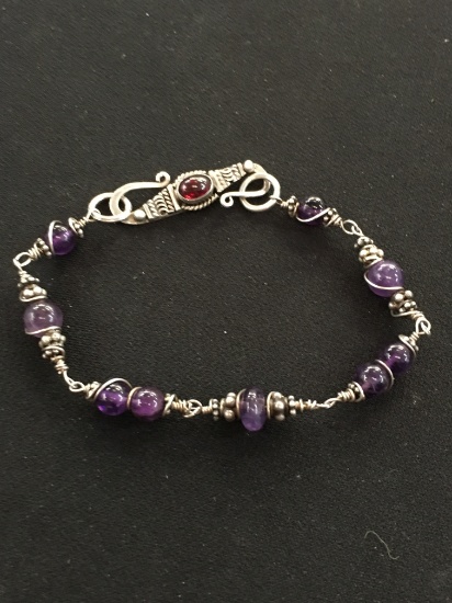 Hand Wire Wrapped Sterling Silver 8" Bracelet w/ Amethyst Gemstone Beads & Ornate Bypass Clasp w/ Re