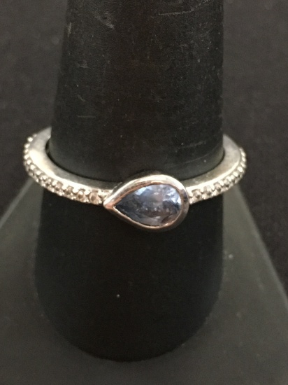 Blue Pear Gemstone Set East to West w/ White Gemstone Accent Sterling Silver Ring - Size 9.75