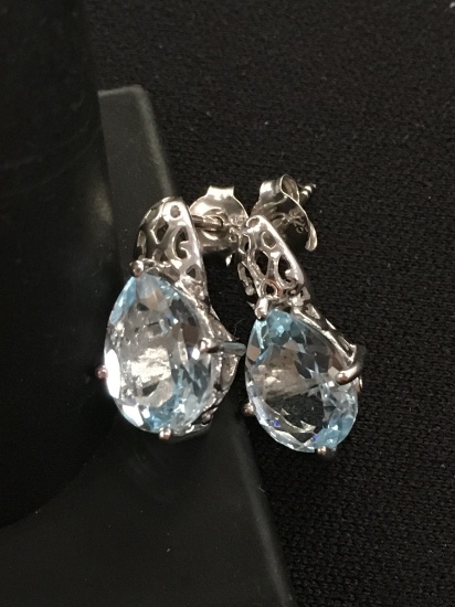 Brilliant Blue Pear Gemstones Set in Thai Made Scroll Motif Sterling Silver Earrings