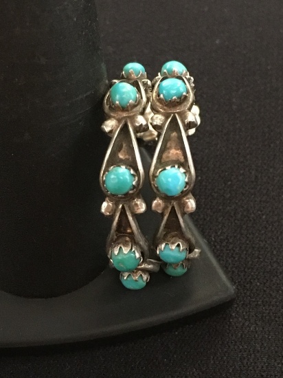 Old Pawn Native American Hand Made Sterling Silver Hoop Earrings w/ Turquoise Accents