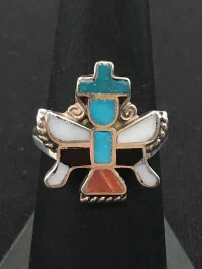 Old Pawn Mexico Aztec Motif Turquoise, Onyx & Agate Inlaid Sterling Silver Ring - Size 7