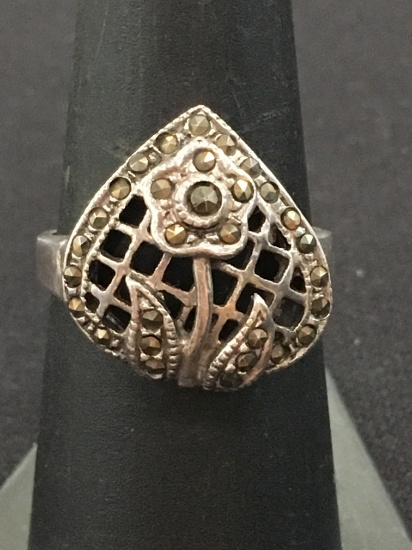 Hand Made Sterling Silver Heart Motif Marchasite Ring - Size 7.5