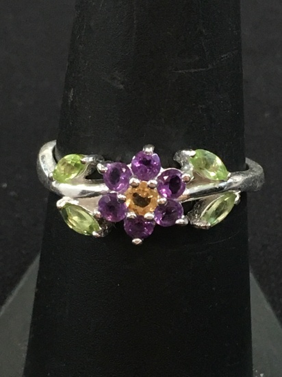 Multi-Colored Gemstone Floral Motif Sterling Silver Ring - Size 7.75