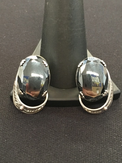 Large Vintage Oval Hematite Sterling Silver Earrings
