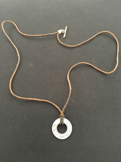 India Made Ethnic Sterling Silver Circle Pendant w/ Hindi Engraving & 30" Brown Leather Cord