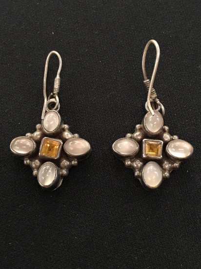 Old Pawn Mexico Sterling Silver Moonstone Cross Earrings w/ Square Citrine Center & Shepards Hook Po